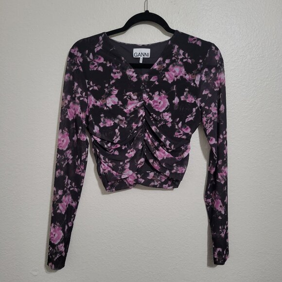 Ganni Black Floral Mesh Rushed Crop Blouse Sz 38 Medium - Picture 3 of 9